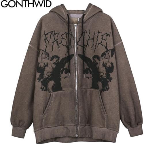 GONTHWID Fleece Hooded Jackets Streetwear Casual Graffiti Angel Print Letter Embroidery Harajuku Hip Hop Men Coat Tops Outwear