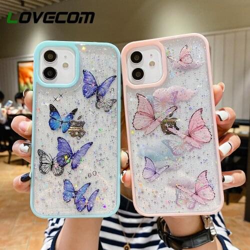 LOVECOM Gorgeous Clear Glitter Epoxy Butterfly Phone Case For iPhone 12 Pro 11 Pro Max XS Max XR X 7 8 Plus Shockproof Cover