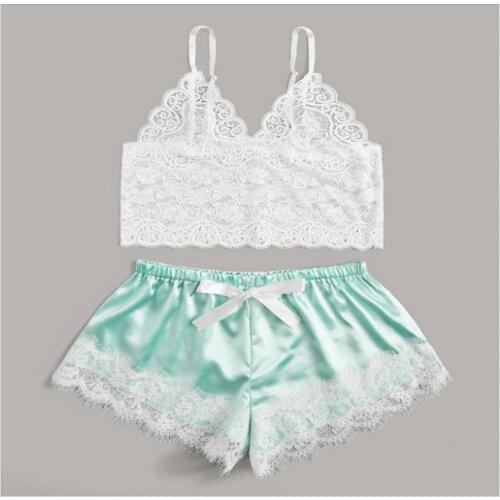 Sexy Women Printed Lace Sleepwear Set Lingerie V Neck Summer Spaghetti Straps Pajamas for Women Homewear Nighty Top and Short