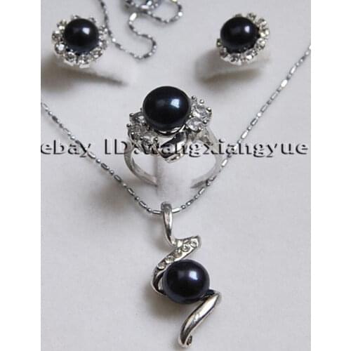 Genuine Black Akoya Cultured pearl Earrings /Ring / Necklace Pendant Set AAA jade