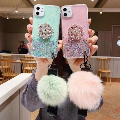 Luxury diamond cute hair ball lanyard bracket soft phone case for iphone 11Pro MAX 8 6S plus X for samsung Note 10 Pro S10 S8 S9