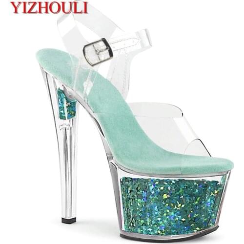 17 cm high heels, 7 inch transparent crystal sandals, sequined platform pole dancing practice performance, dancing shoes