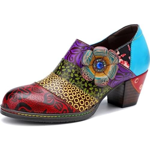 Elegant Pumps Ladies Shoes Women Spring Genuine Leather Slip On 4.5CM Thick High heels Colorblock Elegance Vintage zapatos mujer