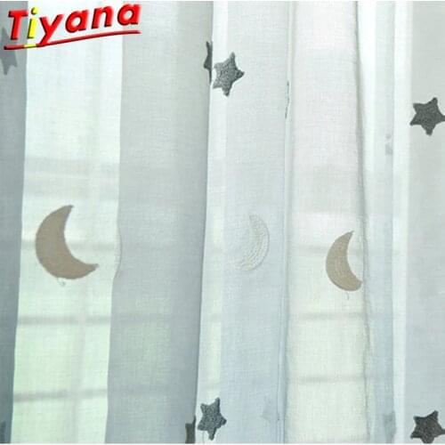Embroidery Star Moon Tulle Curtains for Living Room Childrens Cartoon Blue Gradient Curtains Cute Stars Gauze for Babys RoomVT