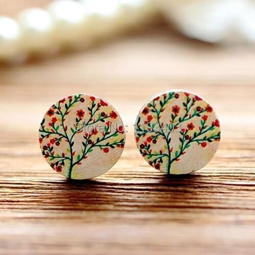 Unique 3D Coloured Drawing Embossed Round Wood Earrings Rings