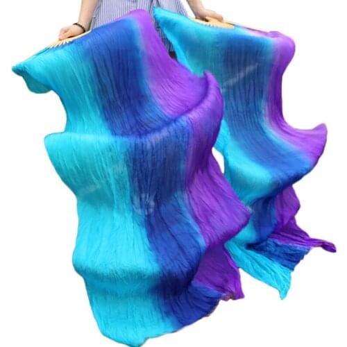 High Quality 100% Silk Belly Dance Fans 1 Pair Handmade Dyed Belly Dancing Fans Stripe Turquoise+Royal blue+Purple 150/180 x90cm