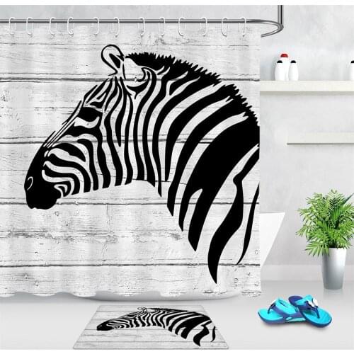Cartoon Zebra Pattern Fabric Shower Curtain Waterproof Durable Polyester Wood Board Texture Bathroom Curtain with 12 Hooks