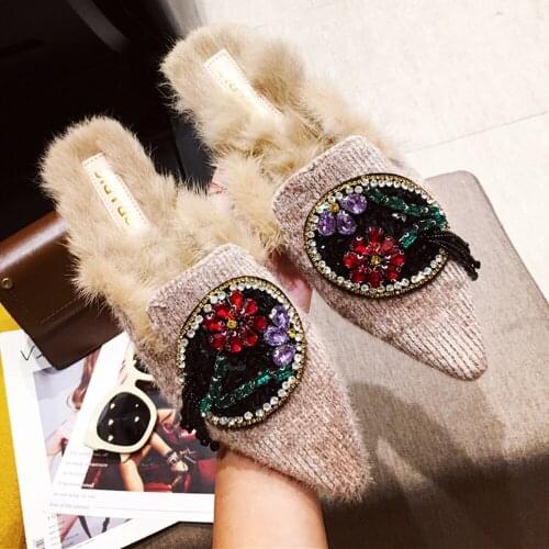 OLOMLB Womens Pointy Toe Real Rabbit Fur Furry Mules Slipper Slides Flats Rhinestones Crystal Shoes Warm Winter Snow Black Pink
