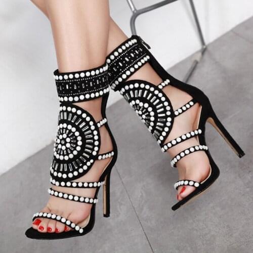 Woman Sexy Gladiator Sandal Summer Fashion High Heel Fish Mouth Beaded Sandal Stiletto Roman Women Black ZIpper Free Ship