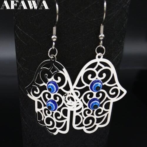 Hamsa Hand Stainless Steel Big Earrings Women Hollow Silver Color Eye Earrings Jewelry pendientes acero inoxidable mujer E612972
