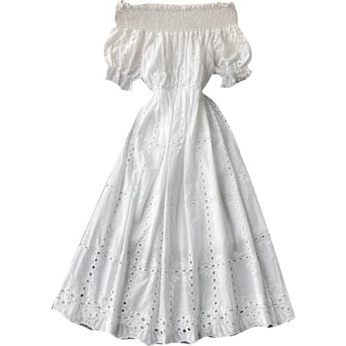 2021 New Summer Women Sexy Slash Neck Off Shoulder Short Sleeve Slim Dress High Quality Embroidery Hollow Out White Dress