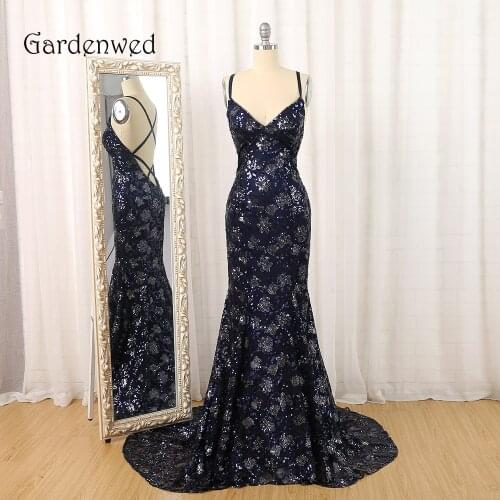 Gardenwed Sparkly Sequin Evening Dress vestido de festa longo Elegant Navy Blue V Neck Spaghetti Straps Formal Dresses