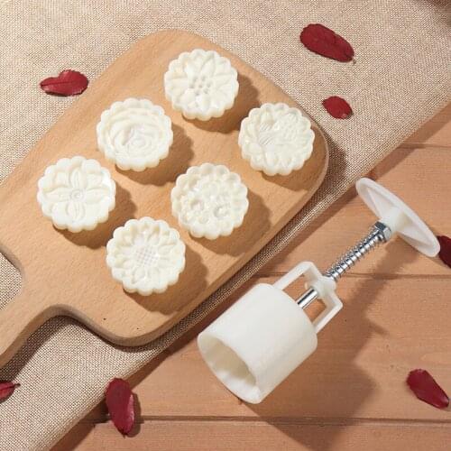 6pcs 3D Lotus Flower Moon Cake Stamp +1pcs 50g Plastic Hand Press Mooncake Mold DIY Mid Autumn Pastry Cake Maker Tool Set