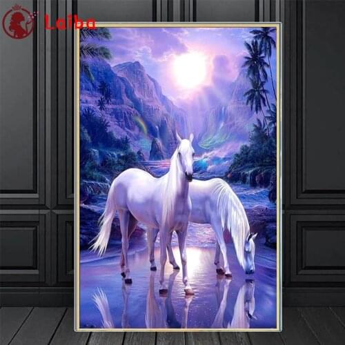 DIY Diamond Painting Sunset landscape animal two white horses Diamond Mosaic Full Drill Square round Cross Stitch Handmade Hobby