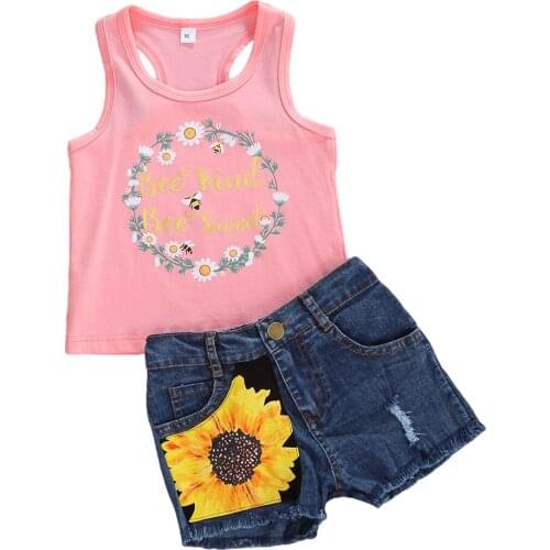 Citgeett Summer Kids Baby Girls Fashion 2-piece Outfit Sleeveless Set Sunflower Print Top and Denim Shorts Set