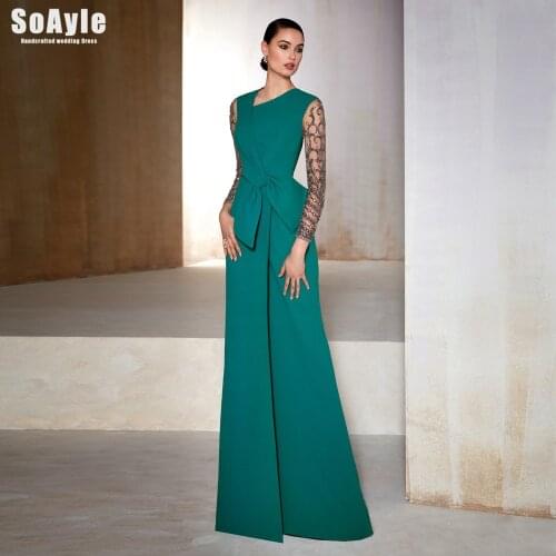 Elegant Green Evening Dress Small V-shaped neckline Beading Sleeves Unique Bow Crepe Cocktail Dress SoAyle