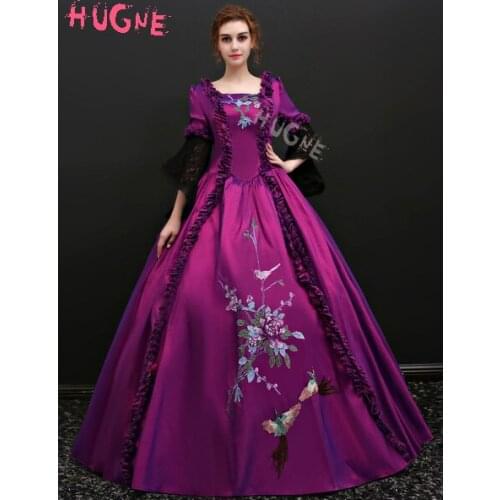 Violet Vintage Victorian Euro style costume short sleeve tunic womens floral Ball Gown prom party Maxi long Dresses