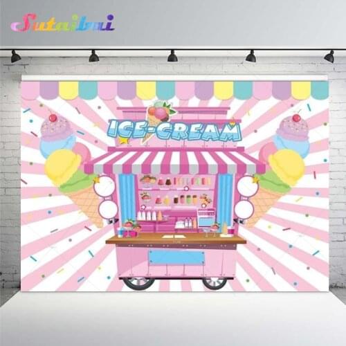 Sweet Ice Cream Shop Pink Stripes Birthday Banner Backdrop Girl Baby Shower Dessert Cart Photo Background Photography Studio