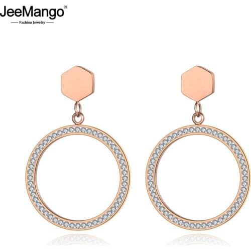 JeeMango Trendy Rose Gold Color Round Circle Shiny CZ Crystal Stud Earrings For Women Hyperbole Office Earrings Jewelry JE19080