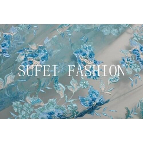 Quality handmade 120cm wide white blue beading floral embroideried applique net lace dress cheongsam fabric S132