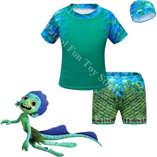 Disney Luca Alberto Sea Monsters Cartoon Printed Short Sleeve Shorts Set Childrens Swimsuit Swimming Trunks Cap Cosplay Costume