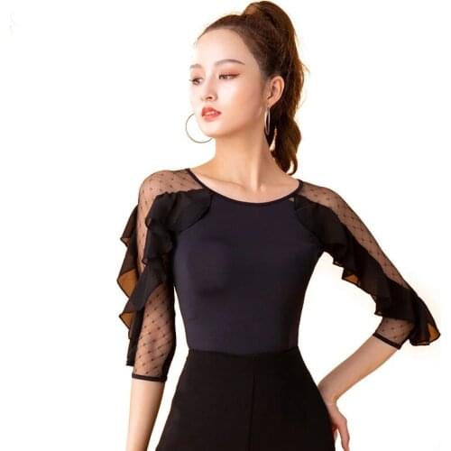 Ballroom Modern Ruffle O-neck Sexy Latin dance clothes top for Women Fashion Practice Costume Performance Wear