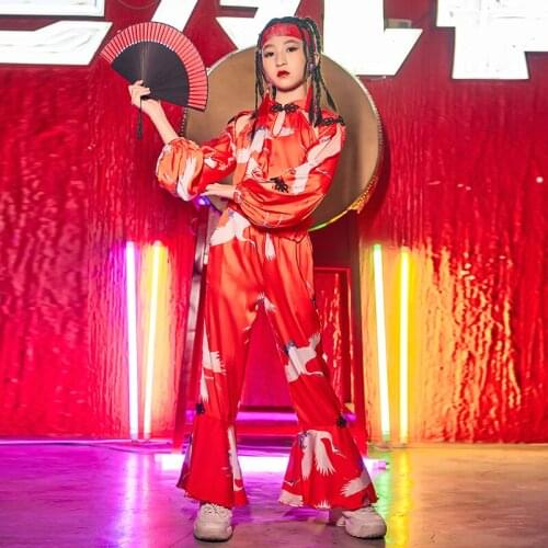 National Tide Chinese Style Costumes ChildrenS Loose Red Outfits Jazz Performance Costumes Girls Hip Hop Dance Clothes DN9841