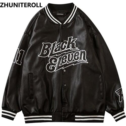Embroidery Letter Harajuku PU Leather Jacket Men Bomber Fashion Button Baseball Coats Streetwear High Street Black Tops Clothing