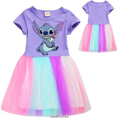 Girls Summer Princess Dress Girls Stitch Costumes Children Clothes Kids Cotton Mesh Patchwork Vestidos