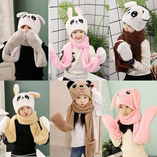 Fashion Baby Girls Boys Rabbit Ears Moving Jumping Hats Children Warm Plush Winter Scarf Caps Gloves Kids Funny Toys Hats Cap