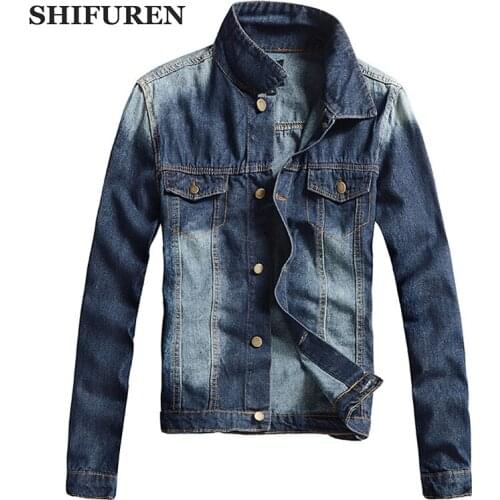 SHIFUREN Denim Jacket Men Long Sleeve 100% Cotton Outerwear Autumn Spring Male Causal Cowboy Jeans Jacket Plus Size M-XXXL