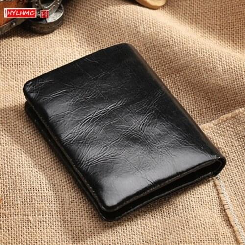Genuine leather mens wallet fashion soft oil wax leather short two-fold mini purses men card holder wallets