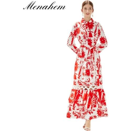 Menahem Autumn Red Floral Print Holiday Maxi Dress Women Long Sleeve Single-Breasted Hollow Out Layer Ruffles Lace Up Vestidos