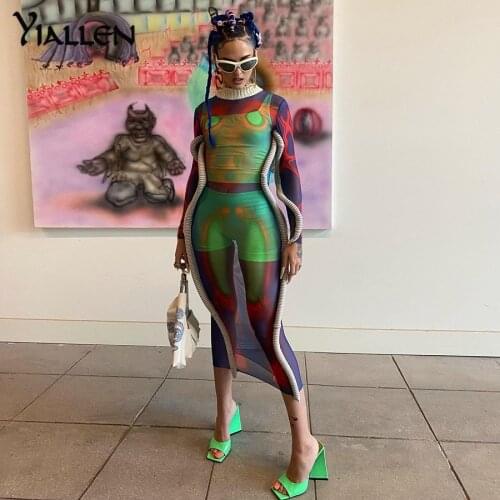 Yiallen Autumn Casual Long Sleeve O Neck Print Mesh Patchwork Y2K Dress Womnen Street Clubwear Female Activewear Stretch Hot