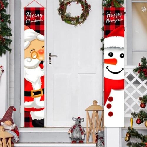 2Pcs/Set Christmas Porch Sign Cartoon Snowman Santa Claus Merry Xmas Decoration Plaid Hanging Banners Flags for front Door 85AC