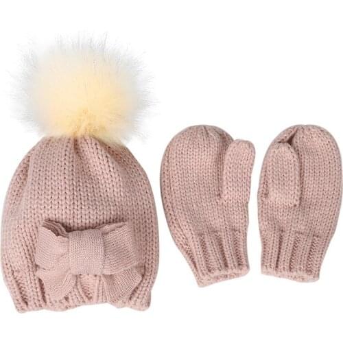 0-12months Newborn Baby Girl Hat and Gloves Set Winter Warm Knitted Bow Beanie Lovely Pompom Infant Cap