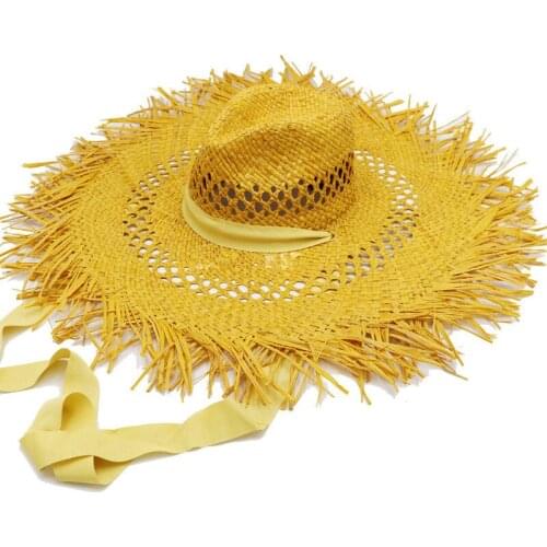 202006-gaoda-2 summer handmade color RAFFIA GRASS wind brim long ribbon beach lady leisure cap women holiday sun hat