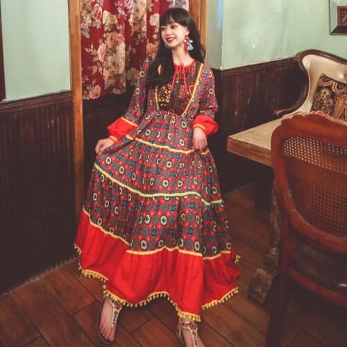 National Style Heavy Industry Embroidery Retro Printing Swing Loose Holiday Dress Long Sleeve Bohemian Print Round Neck Dress