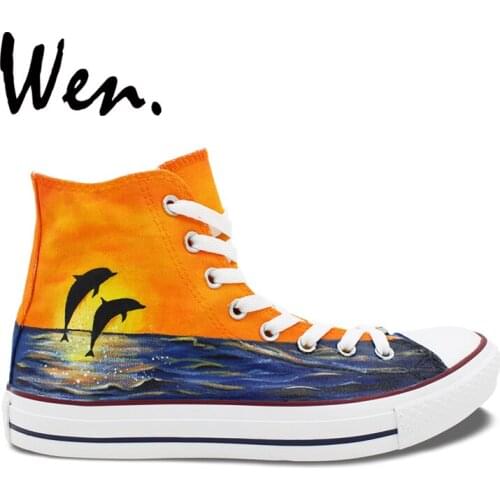 Wen Original Hand Painted Shoes Design Custom Dolphins Sunset Ocean Men Womens High Top Canvas Sneakers