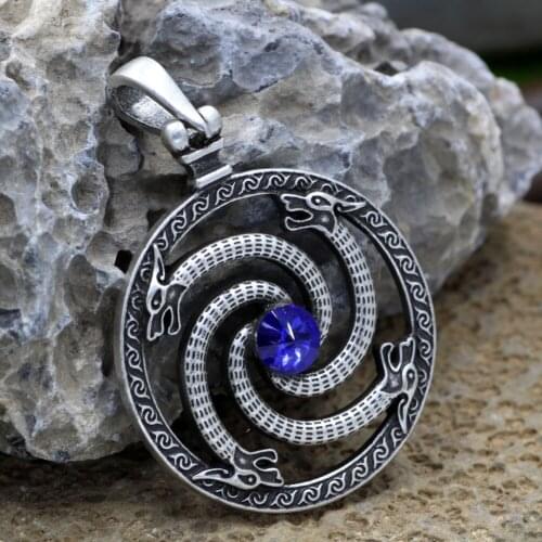 Vintage Stainless Steel Viking Snake Pendant Necklace Scandinavian Pirate Animal Blue Crystal Necklace Biker Male Jewelry