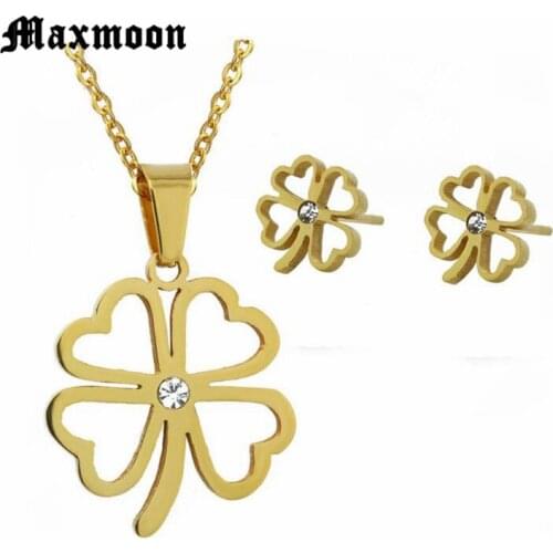 Maxmoon Stainless Steel Sets For Women Clover Shape Necklace Earrings Sets For Women Lovers Engagement Jewelry