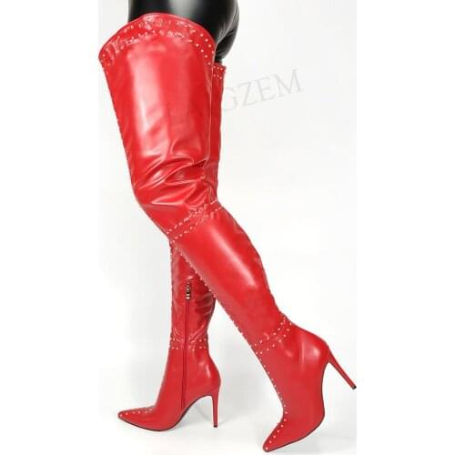 LAIGZEM SUPER Women Thigh High Boots Faux Leather Side Zip Studded High Heeled Boots Party Shoes Woman Large Size 39 42 45 46 47