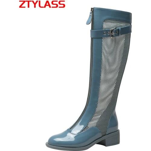 2021 New Spring Summer Women Mesh Boots Fashion Zipper Knee High Boots Genuine Leather Hollow Thick Heel Round Toe Lady Shoes