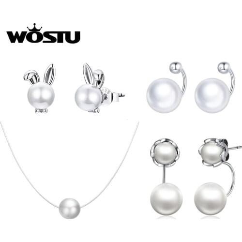WOSTU 2020 Cute Bunny Stud Earrings 100% 925 Sterling Silver Shell Bead Earrings For Women Wedding Engagement Jewelry BNE463