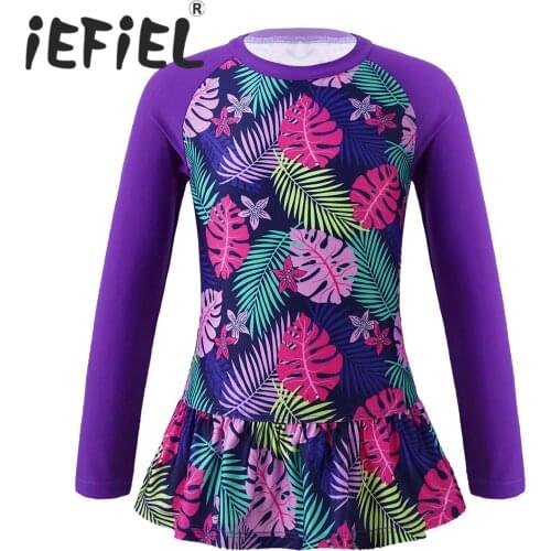 6-16 Years Kids Girls Floral Printed Swimwear Swimsuits Long Sleeves Ruffle Trim Swimming Tops for Beachwear Swimming Bathing