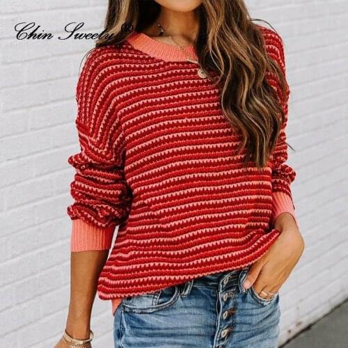 O-neck Red Stripes Womens Sweater Knitting Drop Shoulder Long Sleeve Cardigan For Women 2021 Autumn Winter Loose Sweaters Woman