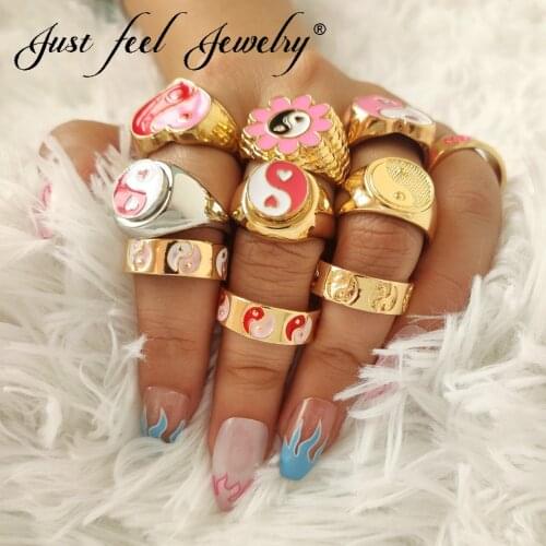 JUST FEEL Trendy Yin Yang Bagua Enamel Rings For Women Gold Color Cute Heart Circular Geometry Chunky Metal Rings Korean Jewelry
