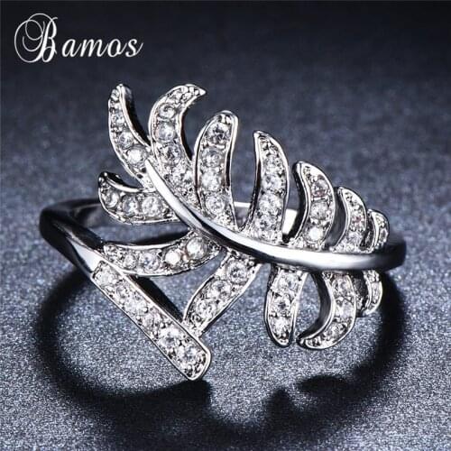 Bamos Simple Leaf Feather Open Ring Luxury Cubic Zirconia Engagement Wedding Rings For Women Trendy Rose Gold Filled Jewelry