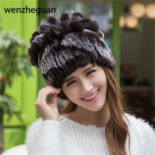 Winter Beanies Fur Hat For Women Knitted 100% Rex Rabbit Fur Hat Flower Top Free Size Casual Womens Hat