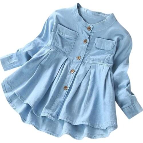 2017 New Style Fashion Kids Boys Girls Solid Denim Ruched Long Sleeve Tops Blouse Clothes Tops Suit for 3T-8T Baby